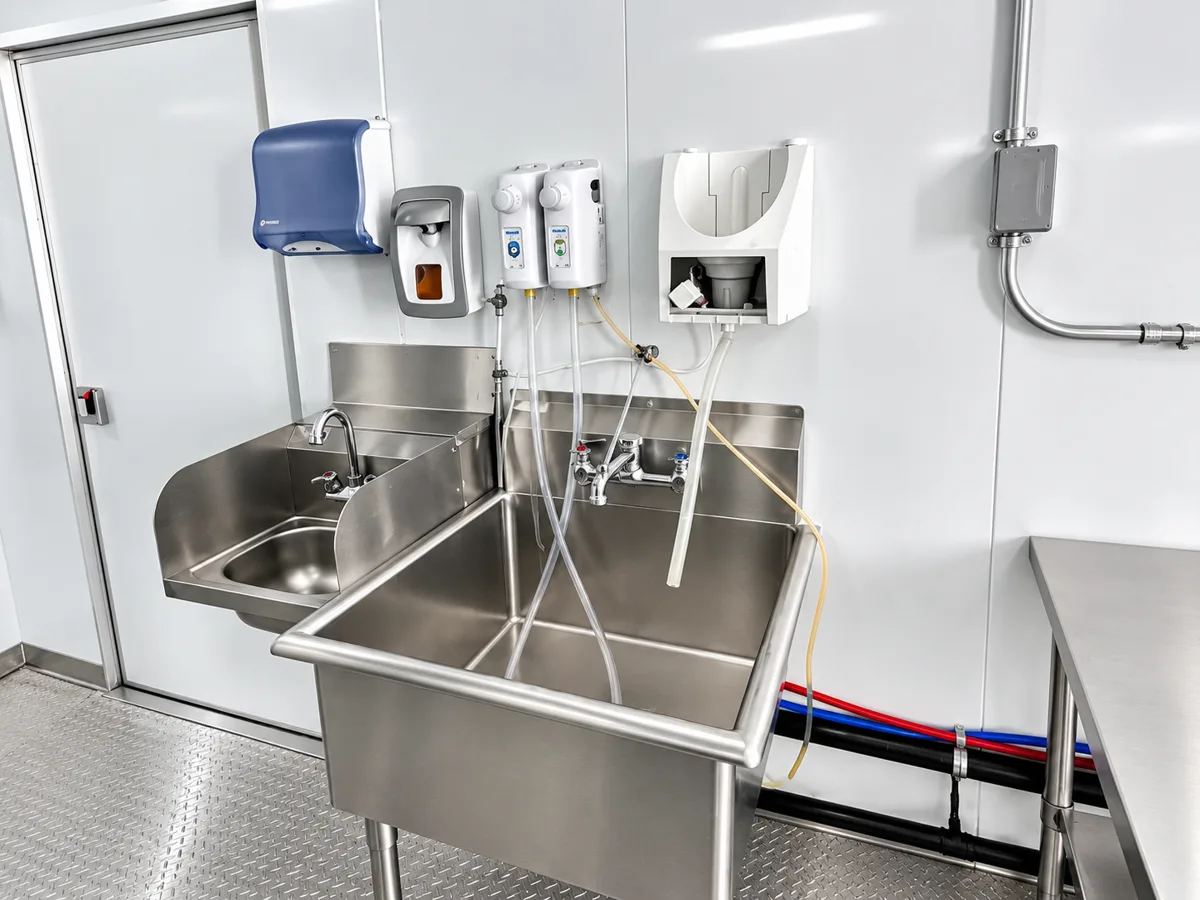 Stainless steel compartment sinks inside a dishwashing trailer