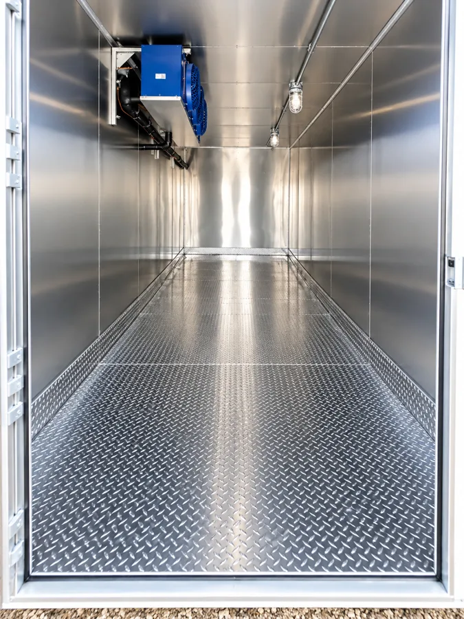 Refrigerated trailer interior with insulated walls and an overhead cooling unit