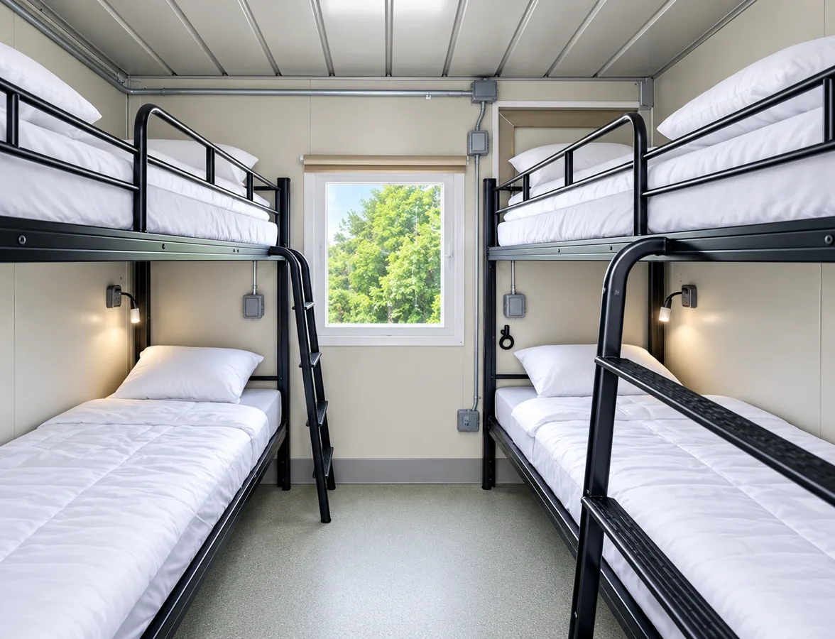 Sleeper accommodation interior with four bunk beds and a central aisle