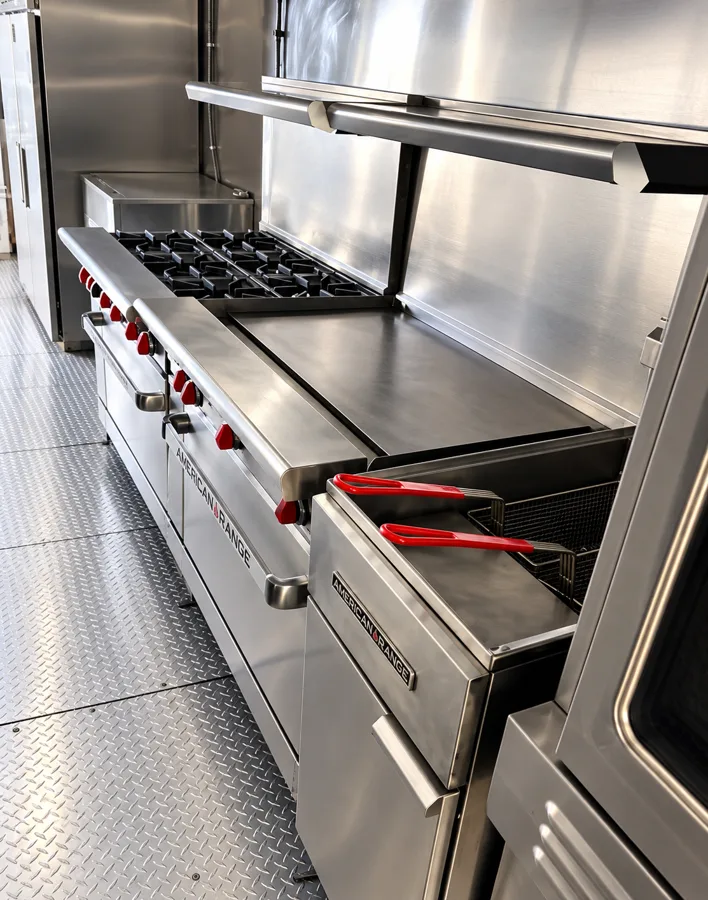 Commercial mobile kitchen interior with a range, griddle and fryers